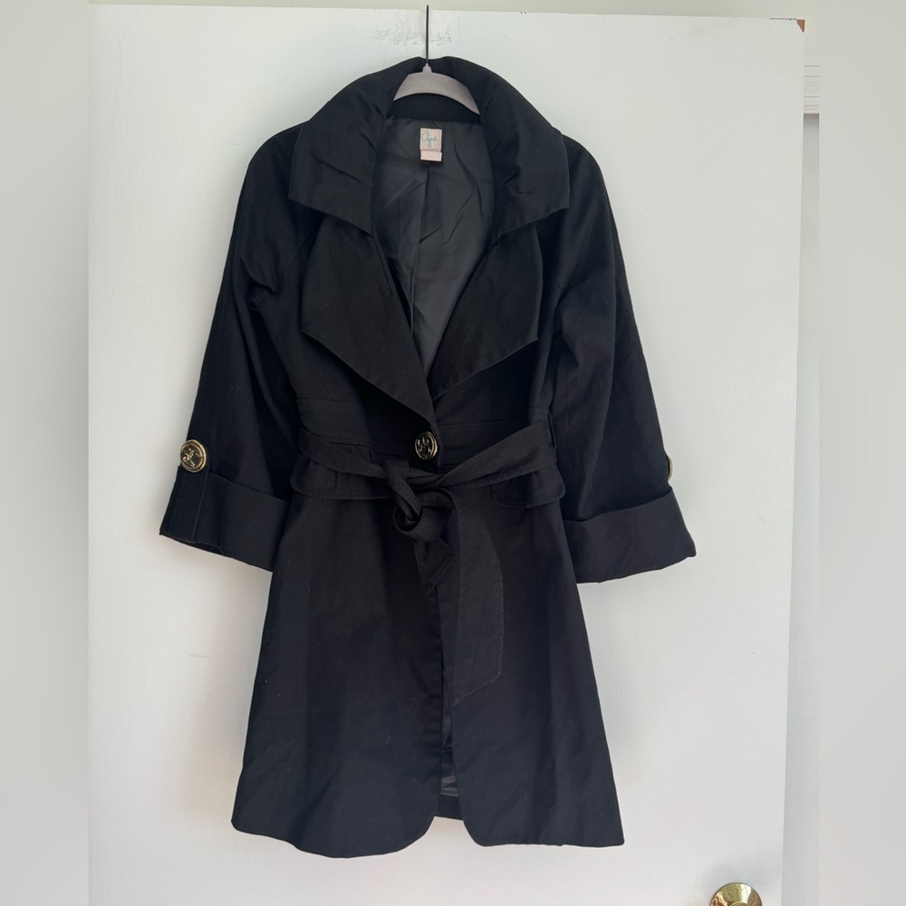 Vintage Bloomingdale’s Aqua Black Trench Coat with Gold Buttons